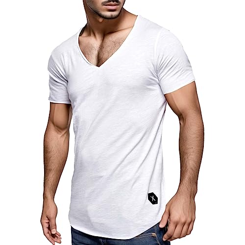 Herren Uni T-Shirt mit extra tiefem V-Ausschnitt Slimfit deep V-Neck Stretch dehnbar einfarbiges Basic Shirt von Generisch