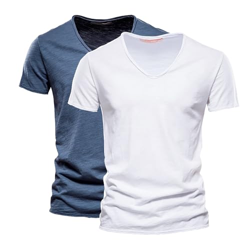 Herren V-Ausschnitt T-Shirts 2er Pack Modische Kurzarmshirts aus Slub Baumwolle Bequeme Basic Sommeroberteile in Uni-Farben Klassische Freizeitshirts für Alltag & Urlaub Weiche Atmungsaktive Baumwolle Herren V-Ausschnitt T-Shirts 2er Pack Modische Kurzarmshirts aus Slub Baumwolle Bequeme Basic Sommeroberteile in Uni-Farben Klassische Freizeitshirts für Alltag & Urlaub Weiche Atmungsaktive Baumwolle von Generisch