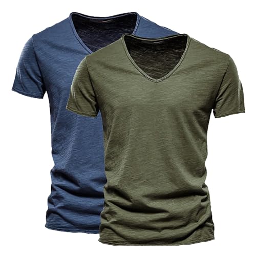 Herren V-Ausschnitt T-Shirts 2er Pack Modische Kurzarmshirts aus Slub Baumwolle Bequeme Basic Sommeroberteile in Uni-Farben Klassische Freizeitshirts für Alltag & Urlaub Weiche Atmungsaktive Baumwolle von Generisch