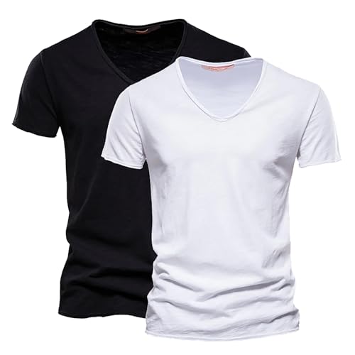 Herren V-Ausschnitt T-Shirts 2er Pack Modische Kurzarmshirts aus Slub Baumwolle Bequeme Basic Sommeroberteile in Uni-Farben Klassische Freizeitshirts für Alltag & Urlaub Weiche Atmungsaktive Baumwolle von Generisch