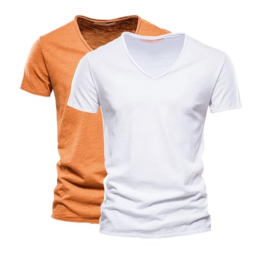 Herren V-Ausschnitt T-Shirts 2er Pack Modische Kurzarmshirts aus Slub Baumwolle Bequeme Basic Sommeroberteile in Uni-Farben Klassische Freizeitshirts für Alltag & Urlaub Weiche Atmungsaktive Baumwolle von Generisch