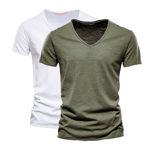 Herren V-Ausschnitt T-Shirts 2er Pack Modische Kurzarmshirts aus Slub Baumwolle Bequeme Basic Sommeroberteile in Uni-Farben Klassische Freizeitshirts für Alltag & Urlaub Weiche Atmungsaktive Baumwolle von Generisch
