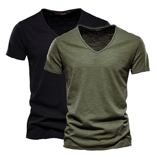 Herren V-Ausschnitt T-Shirts 2er Pack Modische Kurzarmshirts aus Slub Baumwolle Bequeme Basic Sommeroberteile in Uni-Farben Klassische Freizeitshirts für Alltag & Urlaub Weiche Atmungsaktive Baumwolle Herren V-Ausschnitt T-Shirts 2er Pack Modische Kurzarmshirts aus Slub Baumwolle Bequeme Basic Sommeroberteile in Uni-Farben Klassische Freizeitshirts für Alltag & Urlaub Weiche Atmungsaktive Baumwolle von Generisch