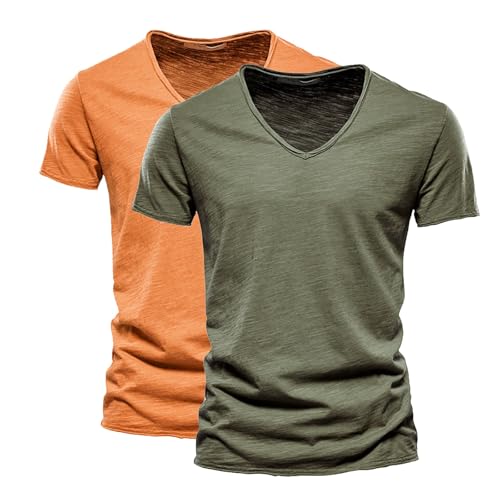 Herren V-Ausschnitt T-Shirts 2er Pack Modische Kurzarmshirts aus Slub Baumwolle Bequeme Basic Sommeroberteile in Uni-Farben Klassische Freizeitshirts für Alltag & Urlaub Weiche Atmungsaktive Baumwolle von Generisch
