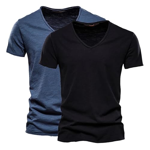 Herren V-Ausschnitt T-Shirts 2er Pack Modische Kurzarmshirts aus Slub Baumwolle Bequeme Basic Sommeroberteile in Uni-Farben Klassische Freizeitshirts für Alltag & Urlaub Weiche Atmungsaktive Baumwolle von Generisch