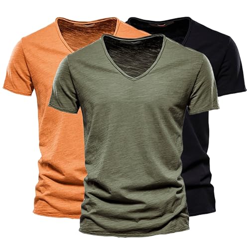 Herren V-Ausschnitt T-Shirts 1/2/3er Pack Modische Kurzarmshirts aus Slub Baumwolle Bequeme Basic Sommeroberteile in Uni-Farben Klassische Freizeitshirts für Alltag Weiche Atmungsaktive Baumwolle von Generisch
