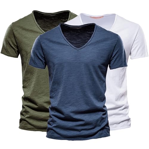 Herren V-Ausschnitt T-Shirts 1/2/3er Pack Modische Kurzarmshirts aus Slub Baumwolle Bequeme Basic Sommeroberteile in Uni-Farben Klassische Freizeitshirts für Alltag Weiche Atmungsaktive Baumwolle von Generisch