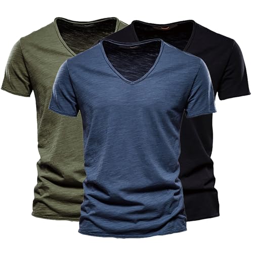 Herren V-Ausschnitt T-Shirts 3er Pack Modische Kurzarmshirts aus Slub Baumwolle Bequeme Basic Sommeroberteile in Uni-Farben Klassische Freizeitshirts für Alltag & Urlaub Weiche Atmungsaktive Baumwolle von Generisch