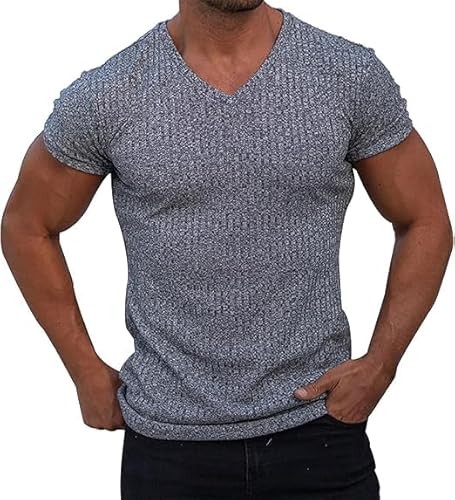 Herren V-Ausschnitt Vertical Stripe Stretch Muscle T Shirt Ripped Strick Bodybuilding Workout T-Shirts Sport Tops (M,Hellgrau) von Generisch