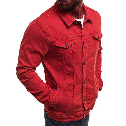 Herren Vintage Mode Jeanshemd Langarmshirts Freizeithemden mit Brusttasche Classics Washed Denim Langarmhemd Revers Button Down Hemd Loose Fit Solid Shirt für Alltag, rot, L von Generisch