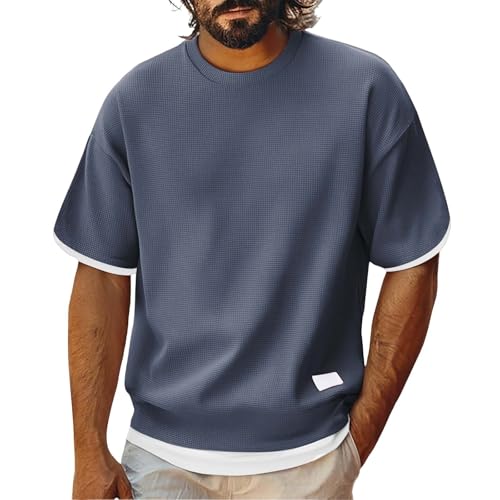 Herren Waffel Struktur Kurzarm T-Shirt Neue Sommer Kollektion Fake-2-in-1 Design Bequeme und Atmungsaktive Ice Silk T-Shirt Lockerer Sitz Große Größen Leicht und Modisch für Alltag & Outdoor von Generisch