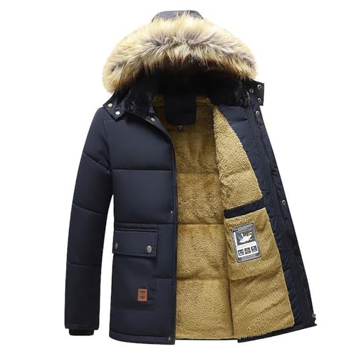 Herren Warm Fleece Gefüttert Winterjacke Steppjacke Daunenjacke Puffer Jacke mit Abnehmbarer Kunstfellkapuze, navy, M von Generisch