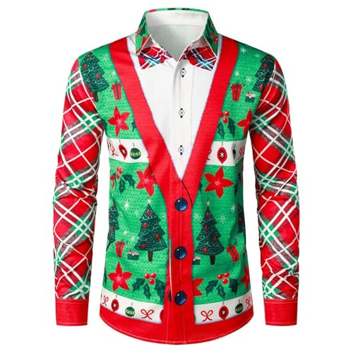 Herren Weihnachtshemd Lustig Christmas Shirt Xmas Muster Hemd Weihnachten Langärm Slim Fit Funky Hemden Button Up Freizeithemd Stehkragen Weihnachts Shirt Casual Weihnachtsshirt von Generisch