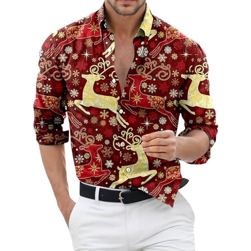 Herren Weihnachtshemd Lustig Stehkragen Lustige Funky Hemden Weihnachten Freizeithemd Elch-Print Hemden Christmas Shirt Freizeithemd Männer Langarm Hemden Weihnachten Shirt von Generisch