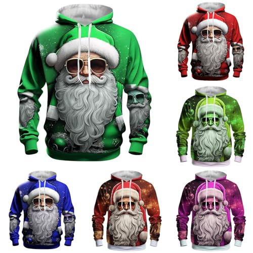 Herren Weihnachtspullover Rentier Lustig 3D Hoodie Herren Sweatshirts Weihnachts-Pullover Für Männer Christmas Sweater Weihnachts Hoodie Winter Weihnachtsmann Weihnacht Pullover (a-Green, XL) von Generisch