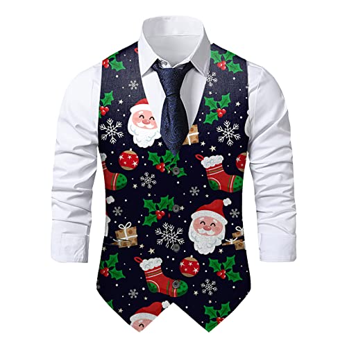 Herren Weihnachtsweste Ärmellose Slim Fit Fischgrätweste Festlich Santa Claus Anzug Urlaub Business Fliege V-Ausschnitt Party Hochzeit Spaß Anzug Weste Schneeflocke Weihnachtsbaum Xmas Kostüme von Generisch