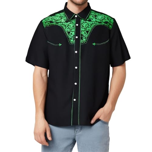 Herren Western Cowboy Hemd Kurzarm Schlank Kurzarmhemd Western Hemden Hochzeit Party Hemd Vintage Westernhemd Retro Revers Shirts Cowboy Druck Trachtenhemd Freizeithemd (Grün, 3XL) von Generisch
