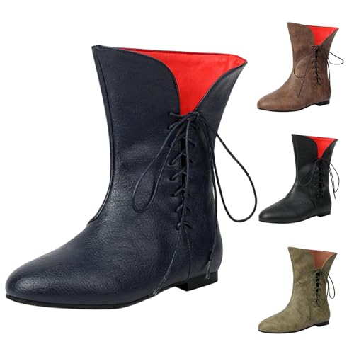 Herren Wide Mid Calf Boots Western Retro Schnürschuhe Flats Knight Booties Niedriger Absatz Bequeme Walking Gebunden Schuhe Casual Leichte Knöchel Cowgirl Cowboystiefel, dunkelblau, 40 2/3 EU von Generisch