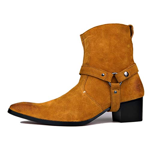 Herren Wildleder Leder Casual Chelsea Stiefel Schnalle Reißverschluss Up High Heel Dress Stiefel,Gelb,39 von Generisch
