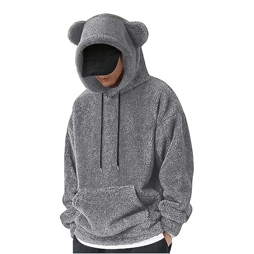 Herren Winter Plüsch Kapuzenpullover, Herren Hoodie Plüsch Pullover Mit Kängurutasche Teddy Fleece Sweatshirt Kuschelig Mit Bären Ohren Kapuze Pulli Fuzzy Plüsch Teddy Sweater Fleecejacke von Generisch