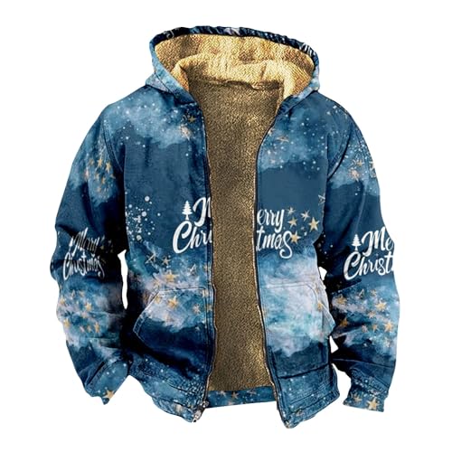 Herren Winterjacke, Weihnachten Print Jacke Herbst Und Winter Casual Trendy Zipper Hooded Jacket Warm Outdoor Jacket Leather Jacket For Winterjacke Kunstfell Jacket Men Bikerjacke (7XL, Blau) von Generisch