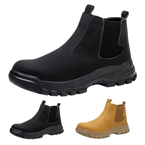 Herren Winterstiefel Mit Stahlkappe, Stiefeletten Zum Schutz Vor Quetschungen, Rutschfeste SchnüRstiefeletten Boots, Zum HineinschlüPfen, Wasserdichte Leder-Arbeitsstiefel,Outdoor Freizeitstiefel von Generisch
