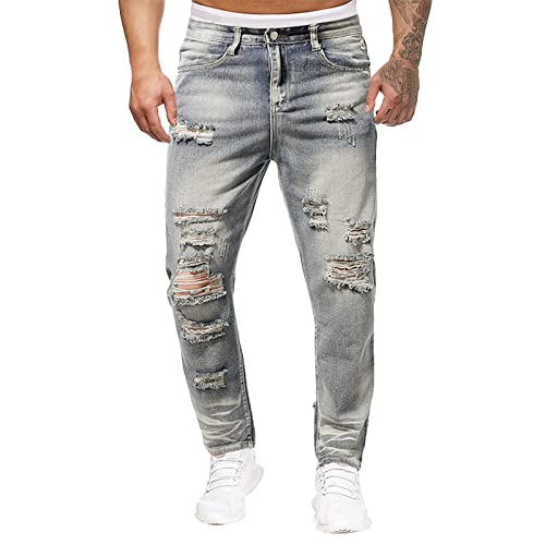 Herren Zerrissene Jeanshose Modische Freizeit Gerade Hose Knopfverschluss Reißverschluss Lockere Hose Leichte Atmungsaktive Bequeme Jeanshose Outdoor Trendige Alltags Langhose Einfarbige Vintagehose von Generisch