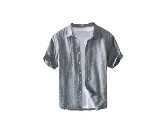 Herrenhemd, kurzärmelig, Leinen, einfarbig, schmale Passform, Business-Casual-Oberteil, grau, XL von Generisch