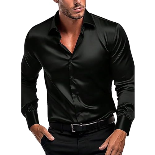 Herrenhemden Herren Langarm Comfort Fit Satin Hemd Glänzend Seidenhemd Freizeit Party Hochzeit Hemd Bügelfrei Freizeithemd Button Down Shirts Solid Erwachsenenhemd Stilvolle Businesshemd von Generisch