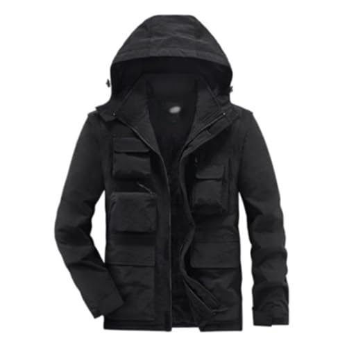 Herrenjacke mit Kapuze, Outdoor, Werkzeug, mehrere Taschen, warme Daunenjacken, Herren, Winter, lässiger Mantel (Schwarz, Größe XXXXL) von Generisch