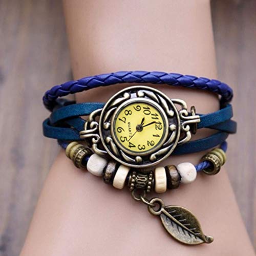 Herrenuhr Blaue Vintage Handgelenk Blatt Armband Weave Wrap Quarz Damenuhren Perlen Herrenuhr Sportband Ansehen Zahlen (Blue, One Size) von Generisch