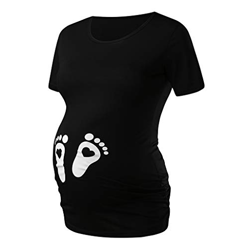 Herz Frauen Graphic Maternity Tips Druck Kurzbaby T-Shirt Comic-Feet Sleeve-Mutterschafts-Bluse Spitzentop Damen Große Größen (z11-Black, XXL) von Generisch