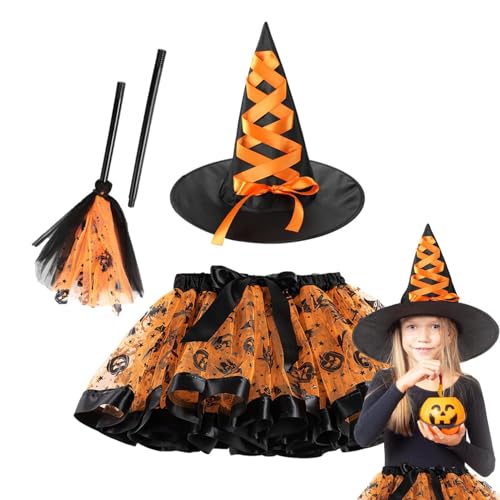 Hexen-Outfit,Halloween-Hexenkostüm für Mädchen | Anzieh-Outfit mit Hut und Besen | Hexen-Tutu-Rock, Rollenspiel-Requisiten für Karneval, Maskerade Hexen-Outfit,Halloween-Hexenkostüm für Mädchen | Anzieh-Outfit mit Hut und Besen | Hexen-Tutu-Rock, Rollenspiel-Requisiten für Karneval, Maskerade von Generisch