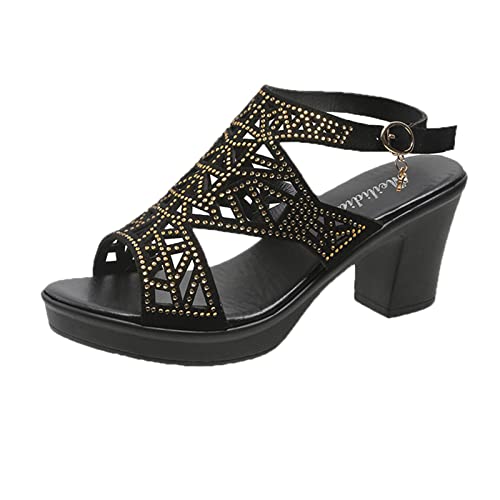 High Heels Blockabsatz Glitzer, Sandalen Plateau Damen Sommer Leder Abendschuhe Verstellbarer Outdoorsandale Kitten Heels Sandaletten Slingback Sandals Offene Schuhe Peep Toe Sommerschuhe von Generisch