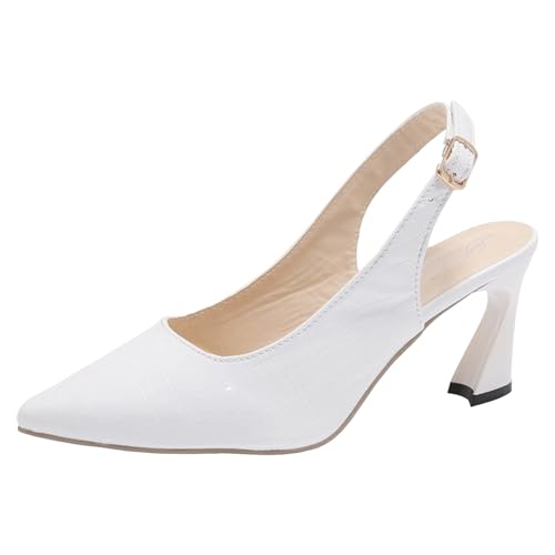 High Heels Schuhe Damen PumpsSchwarz Stilettos Blockabsatz Slingback Tanzschuhe Geschlossener Zehen Lederschuhe Stöckelschuhe Spitze Absatzschuhe Party Hochzeit Berufsschuhe (White, 40) von Generisch