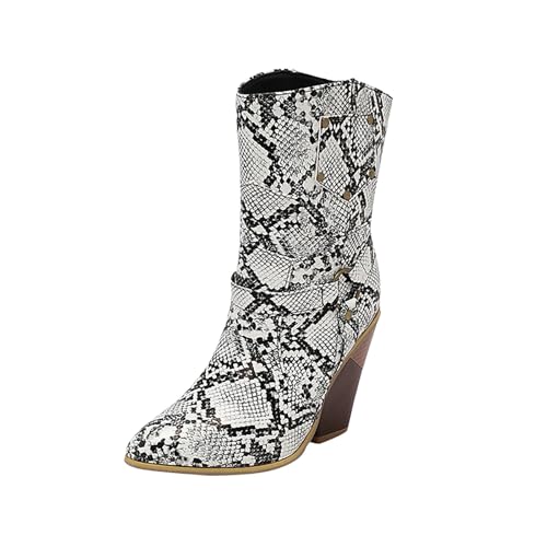 High Heels Stiefeletten Blockabsatz Cowboystiefel Damen Leder Westernstiefel Spitzer Zehenpartie Halbstiefel Bunte Reitstiefel Langschaft Schlupfstiefel Elegante Pu-Lerde-Stiefel von Generisch