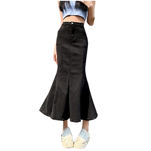 High Waist Fischschwanz Jeansrock Für Damen Abnehmen Sommer Rock Slim Fit Vielseitiger Schmaler Damenrock Elegante Elastisch Jeans Röck Lang Stretch Hohe Taille Freizeitrock Langes (Black, XXL) von Generisch