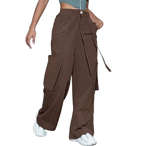 Hip Hop Reißverschluss Cargo Hosen Stretch Bequeme Relaxhose Outdoorhose Damenhose Hose Weites Bein Lang Warm Damen Herbst Street Cargohose High Waist Baggy Wanderhose Solid Schwarz (Brown, M) von Generisch