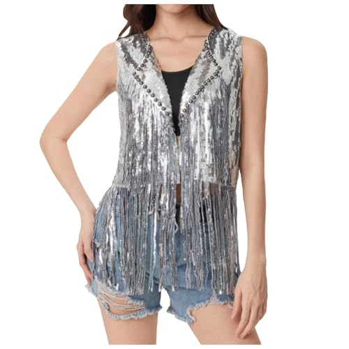Hippie Kleidung Damen Weste Pailletten Quaste Weste Western Strickjacke Mantel Festival Outfit Faschingskostüme Steampunk Weste Fransen Karneval Kostüm 70er Jahre Outfit Disco Party (B2-Silver, M) von Generisch