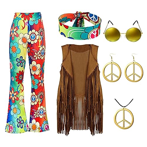 Hippie Kostüm Damen Set 70er Jahre mit Fransenweste Schlaghose Halskette Brille Stirnband Hippie Kleidung Damen Kostüm 70er Jahre Bekleidung Frauen Disco Mottoparty Karneva Outfit Faschingskostüm Hippie Kostüm Damen Set 70er Jahre mit Fransenweste Schlaghose Halskette Brille Stirnband Hippie Kleidung Damen Kostüm 70er Jahre Bekleidung Frauen Disco Mottoparty Karneva Outfit Faschingskostüm von Generisch