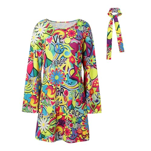 Hippie Kostüm Kleid Damen Blumenmuster 70er Jahre Boho Kleid Flower Power Kleidung Retro Disco Hippiekleid mit Haarband 60er Jahre Faschingskostüme Hippie Kleider für Karneval Party von Generisch