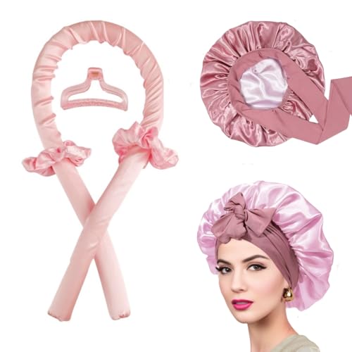 Hitzeloser Lockenwickler mit doppellagiger Satinhaube, zum Ausblasen über Nacht, mit Satin gefütterte Haarhaube und hitzefreies Locken-Stirnband für Damen, natürliches lockiges Haar, Rosa von Generisch