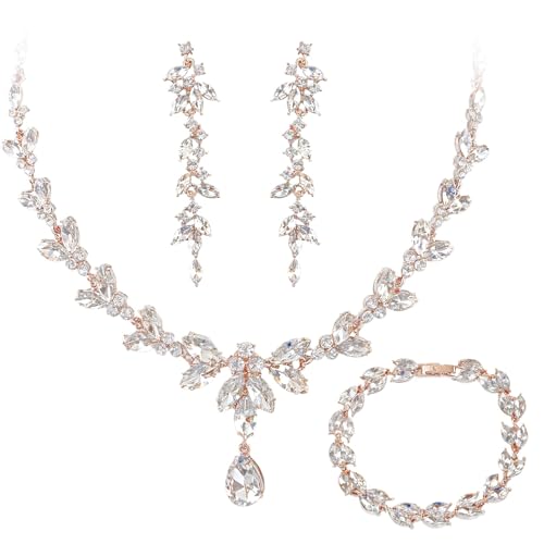 Hochzeitsschmuck-Set, Halskette mit Kristallanhänger, Ohrringe und Armband in Gold und Rotgold, verstellbare Länge, elegantes Blumendesign von Generisch