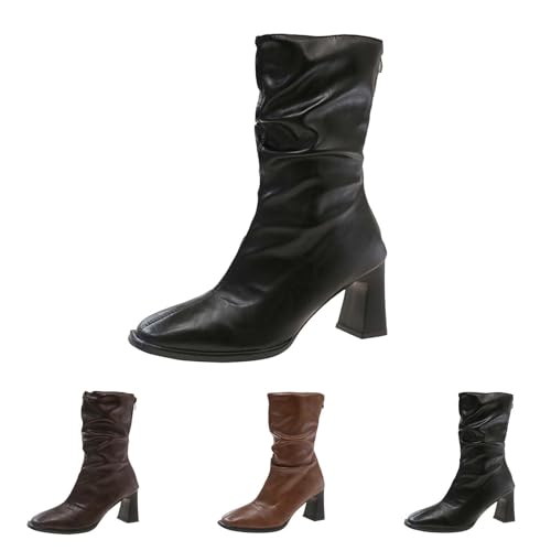 Hohe Schuhe Damen Elegant - Leder Stiefeletten Damen Mit Absatz - Schlupfstiefel Mit Reißverschluss Blockabsatz High Heels Halbschaft Lederstiefel Quadratischer Zehenbereich Winterstiefel von Generisch