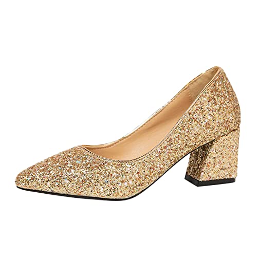 Hohe Schuhe Damen Schwarz Mit Absatz Und Schnürsenkel High Heels Chunky Party Großer Absatz Hohe Damenschuhe Kristall Zehengröße Pailletten High Heels Schuhe Damen Weite G (Gold, 42) von Generisch