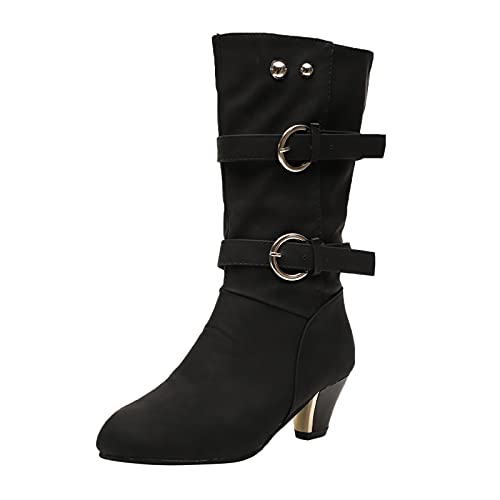Hohe Stiefel Damen Mit Absatz - Leder Stiefeletten Damen Weiter Schaft Spitzenstiefel Mit Schnallen Hohe Stiefel Mit Blockabsatz Halbstiefel Übergangsstiefel Vintage Ritter Stiefel Trachtenschuhe von Generisch