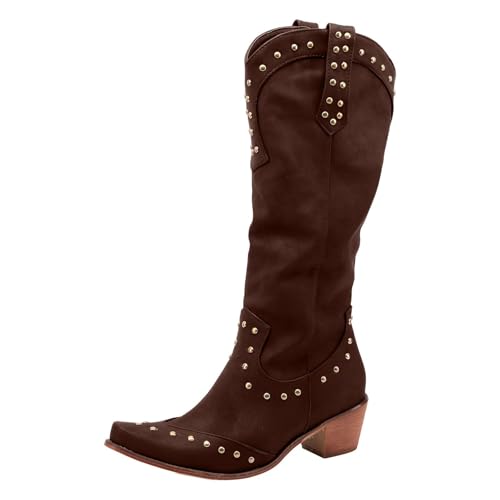 Hohe Stiefel Damen Mit Absatz - Western Stiefeletten Damen Reiten Nieten Cowboystiefel Trachtenschuhe Weiter Schaft Spitzenstiefel Blockabsatz Langschaftstiefel Retro Übergangsstiefel Halbstiefel von Generisch