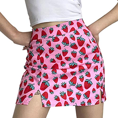 Hohe Taille Rock Für Damen Hüften Erdbeere Druck Schlanken Geteilte Mädchen Sommer Minirock High Waist Slim Fit Wickelrock Mini Röcke Kurze Abnehmen Valentinstag Damenrock Mit Tasche (Pink, S) von Generisch