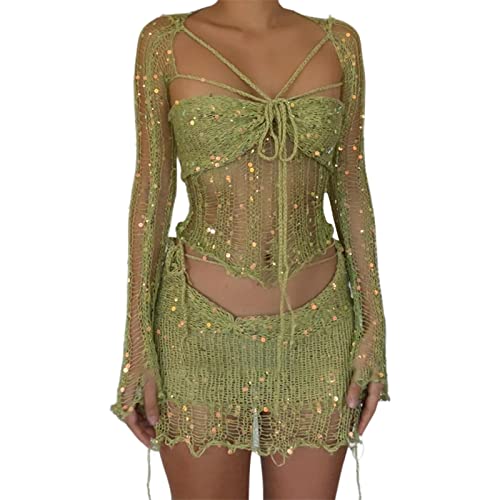 Hohlen Rockanzug Damen Maskerade Pailletten Rock Und Gehäkelte Oberteile Zweiteiler Set Gestrickt Mesh Crop Tops Sexy Sparkle Mini Kurzen Röcke 2 Teiler Outfits Party Karneval Club Anzüge von Generisch