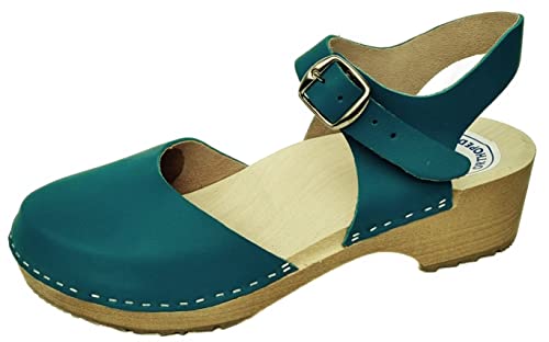 Holz Clogs Sandalen Pantoletten - Gr. 37-38-39-40-41 Grün oder Blau Echt Leder Handgefertigt (Türkisblau, 40) von Generisch